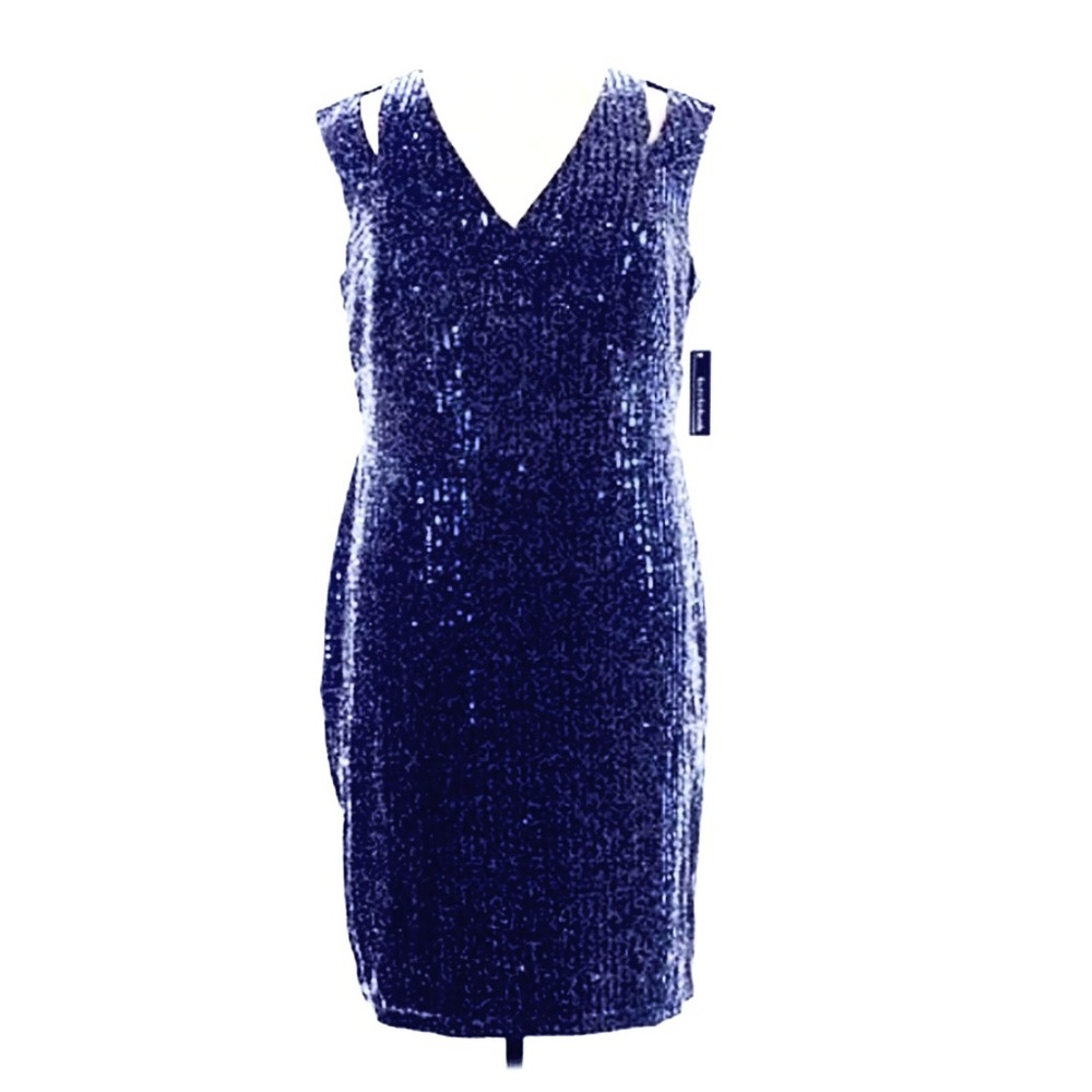Size 12P Navy R&M Richards Sequin Cocktail Dress - Picture 1 of 2
